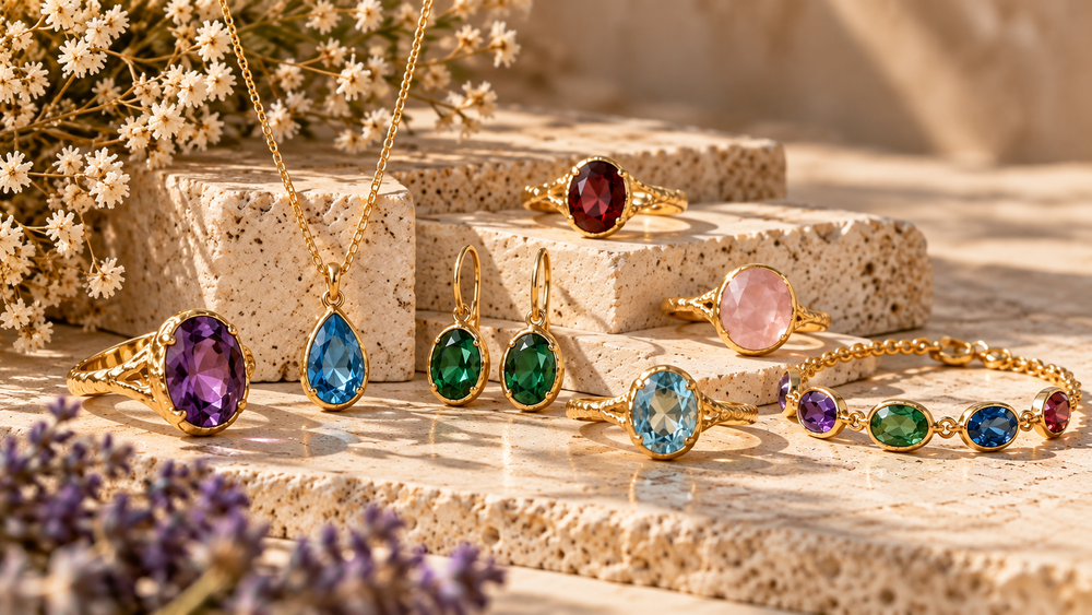 Colorful gemstone jewelry with purple, blue, green, pink and red stones in gold settings