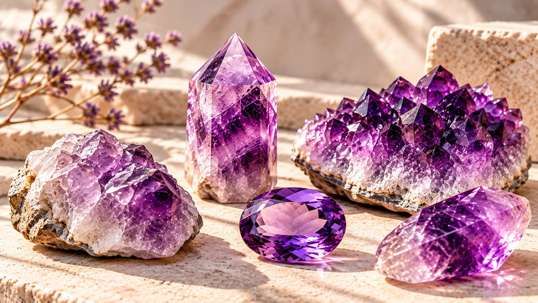 Amethyst crystals and faceted purple gemstone on a warm stone surface