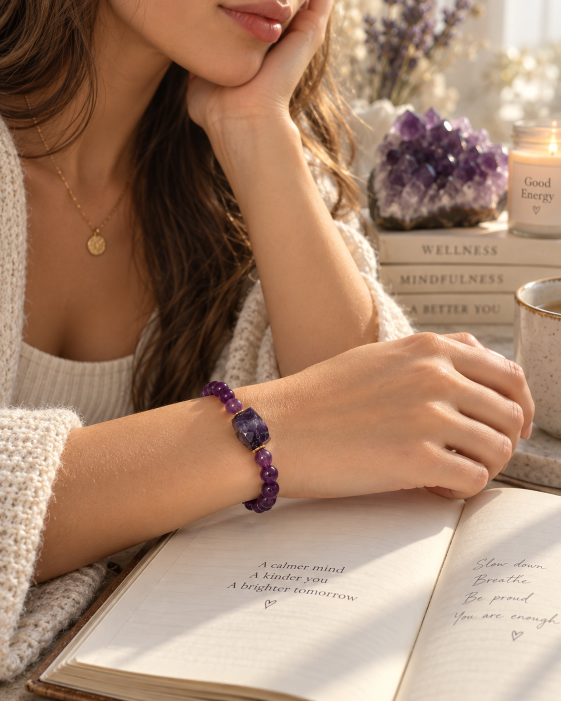 Woman wearing The Amethyst Dream natural Amethyst bracelet by Vonsten Sweden