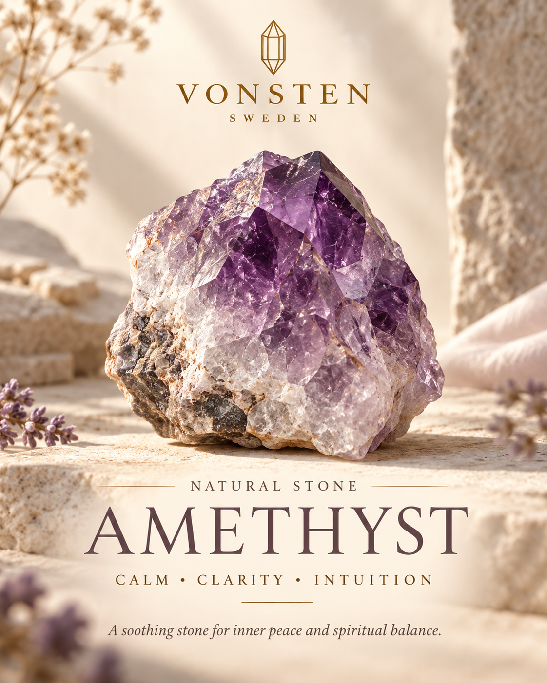 A natural amethyst crystal cluster displayed on a stone surface with dried flowers and a soft neutral background. The brand name 'VONSTEN SWEDEN' appears at the top, with the text 'NATURAL STONE AMETHYST' and descriptive copy below.