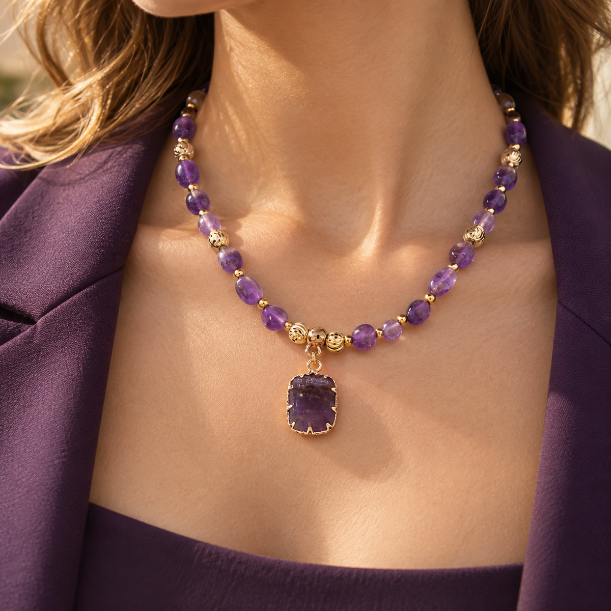 Amethyst gemstone necklace with natural stone pendant