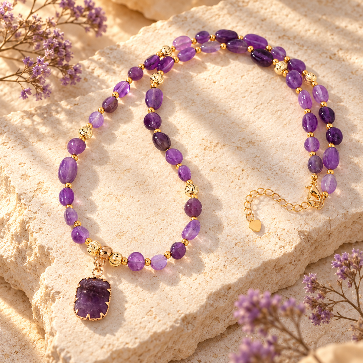Natural Amethyst necklace with stainless steel details