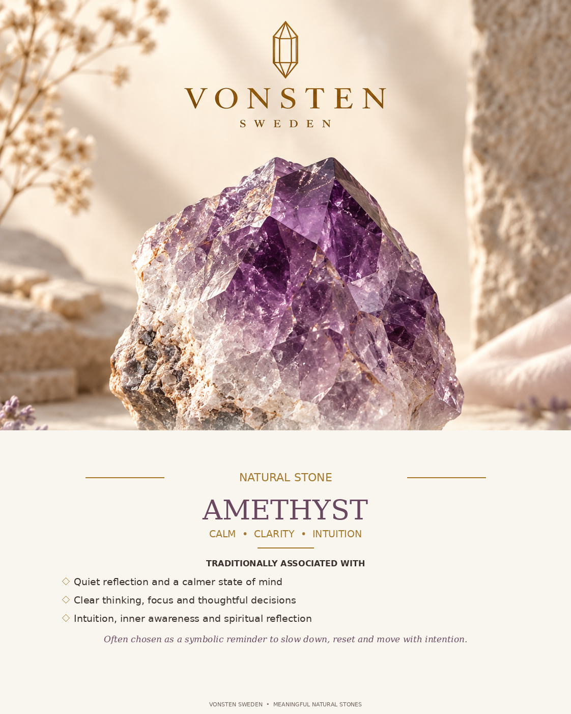 A promotional and informational graphic for Vonsten Sweden's Amethyst stone. The top half features a large, polished purple amethyst crystal resting on a textured stone surface with a warm, neutral background. he text explains about the positive side of amethyst stone.