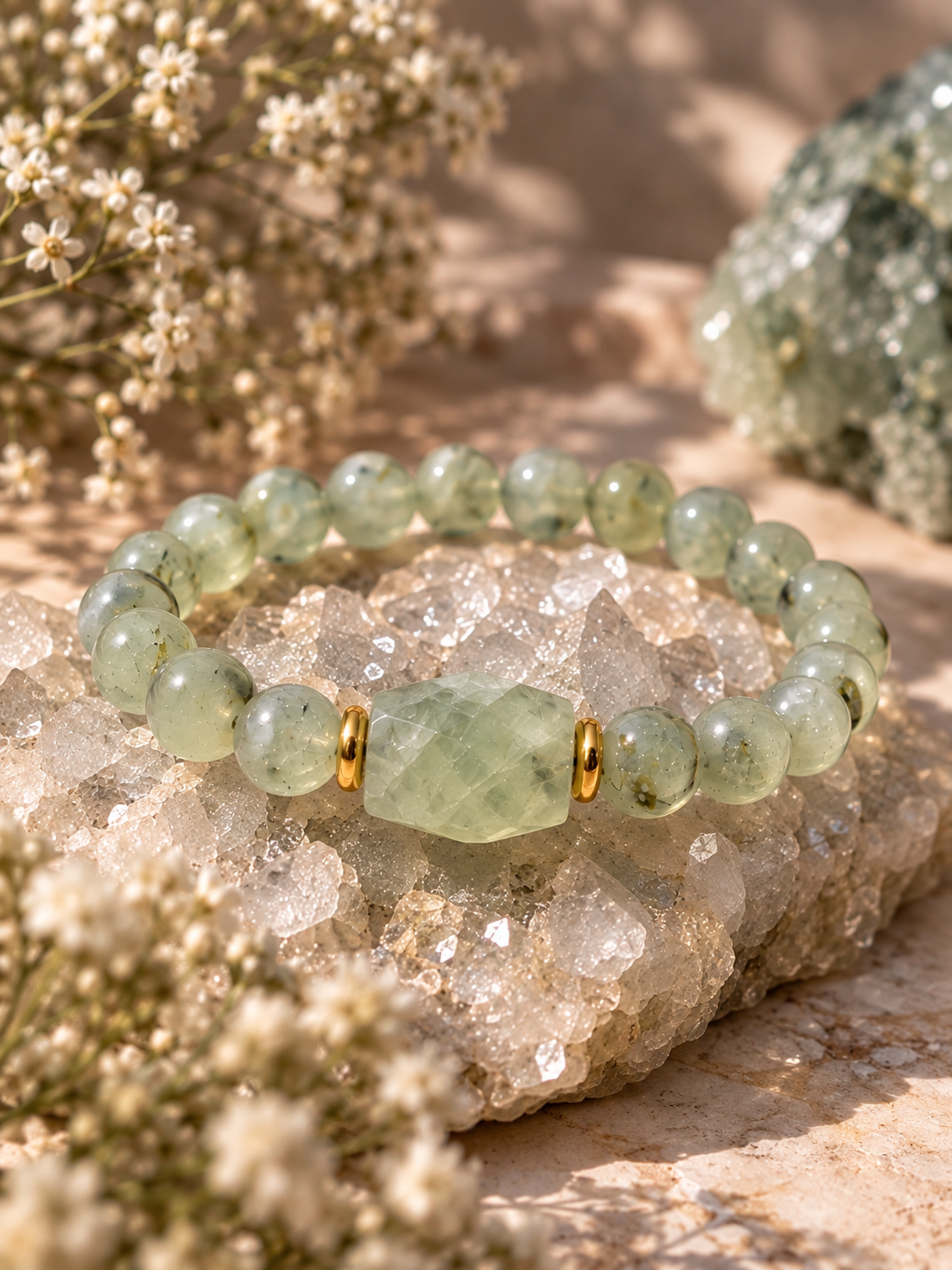 Close-up of pale green Prehnite gemstone beads