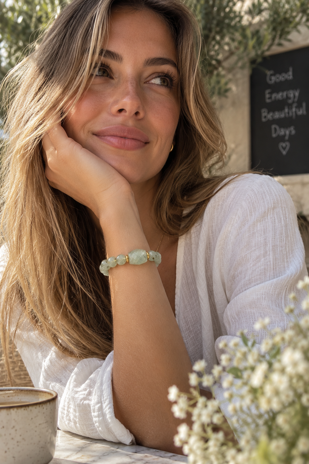 The Prehnite Meridian bracelet shown in natural light