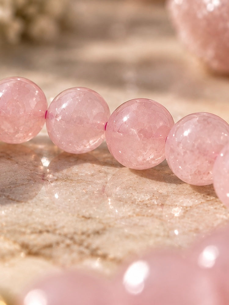 Close-up of pale pink Rose Quartz gemstone beads