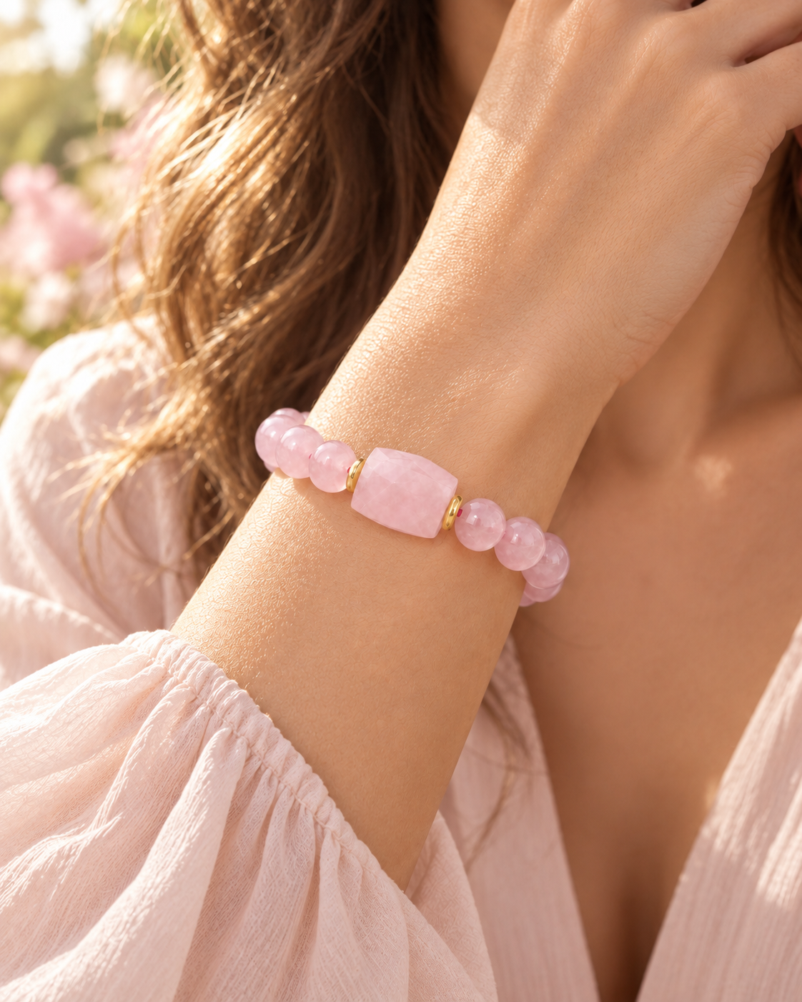 Natural Rose Quartz bracelet lifestyle detail by Vonsten Sweden