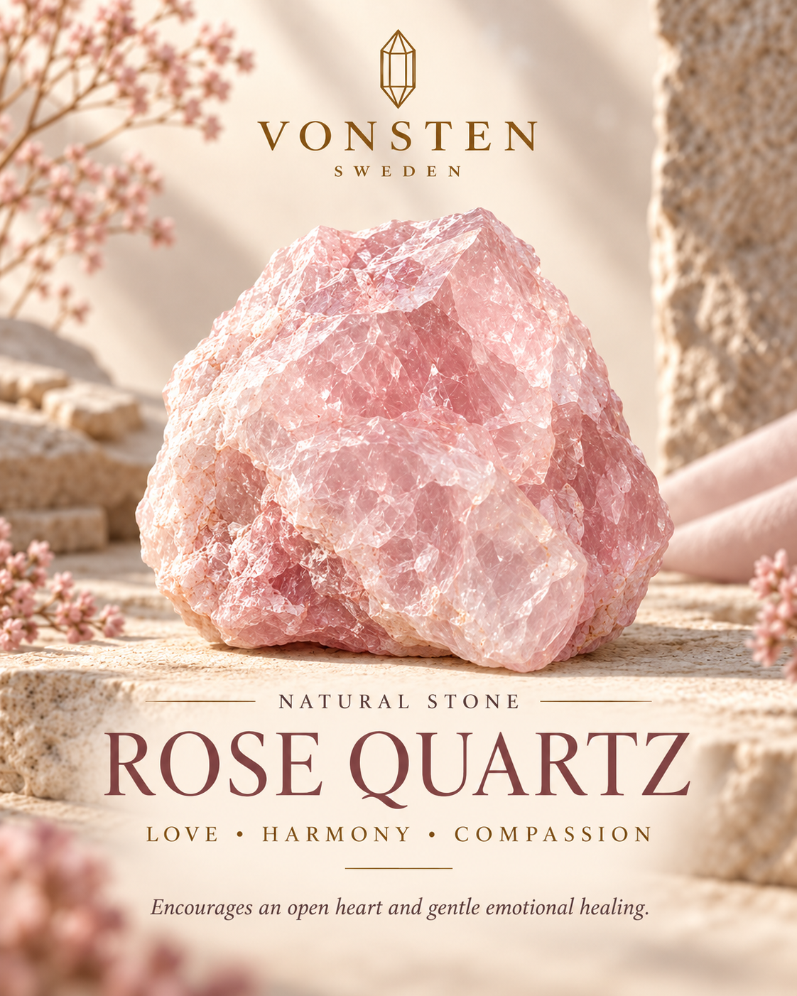 Rose Quartz stone meaning visual by Vonsten Sweden