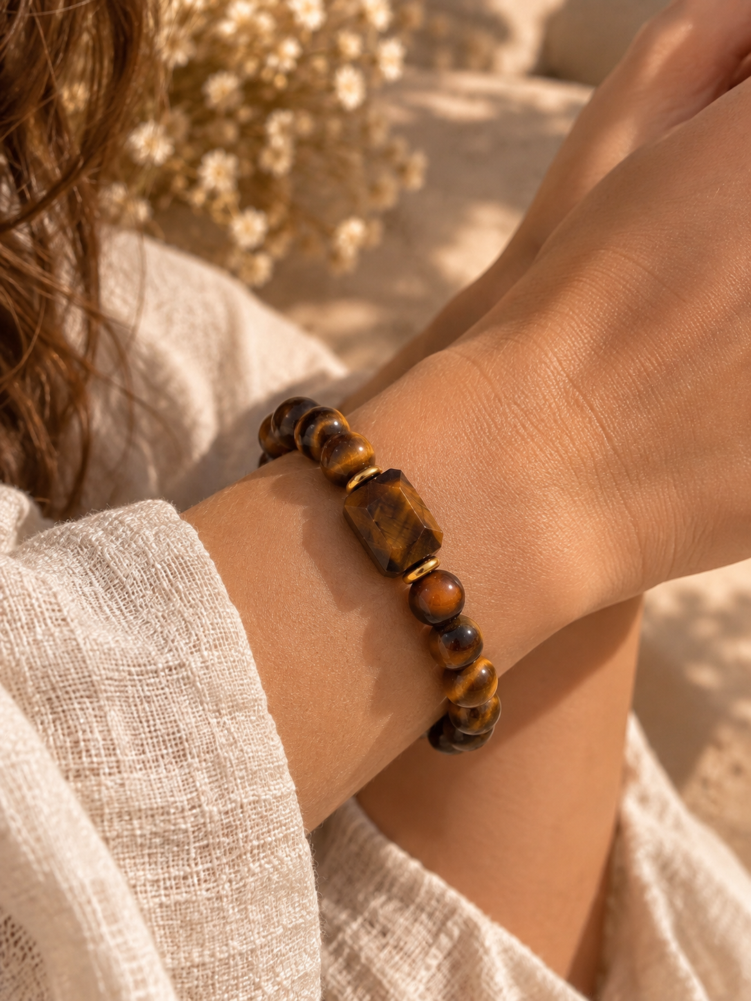 The Tiger's Eye Core bracelet shown in natural light